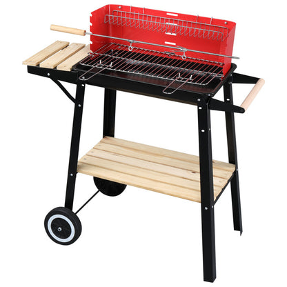 85X42X86cm Black And Red Four Legged Wheeled Square Enamel Carbon Oven