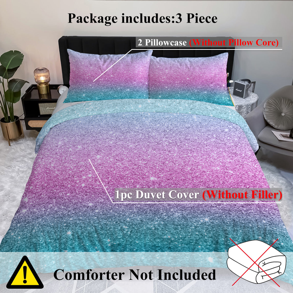 Girly Duvet Cover Rainbow Glitter Ombre Bedding Sets 3 Pcs Chic Purple Blue Green Pastel Bedspreads Sparkle Quilt Cover Set With 2 Pillow Shams