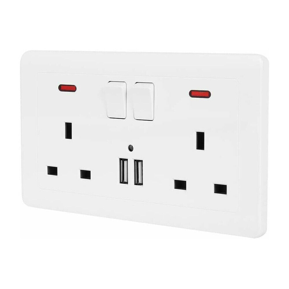 Double Wall Plug Socket 2 Gang 13A W 2 Charger USB Outlets Flat Plate UK