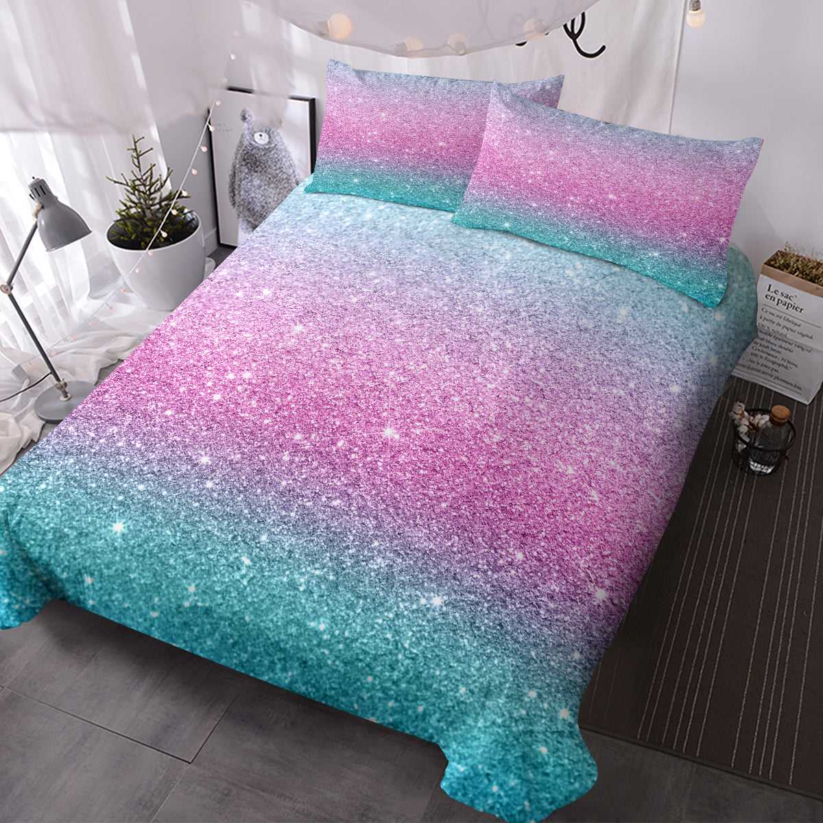 Girly Duvet Cover Rainbow Glitter Ombre Bedding Sets 3 Pcs Chic Purple Blue Green Pastel Bedspreads Sparkle Quilt Cover Set With 2 Pillow Shams