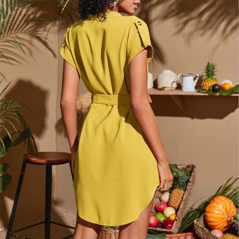 V-neck Short Sleeve Dress with Belt Summer Fashion Bowknot Dresses for Women Clothing