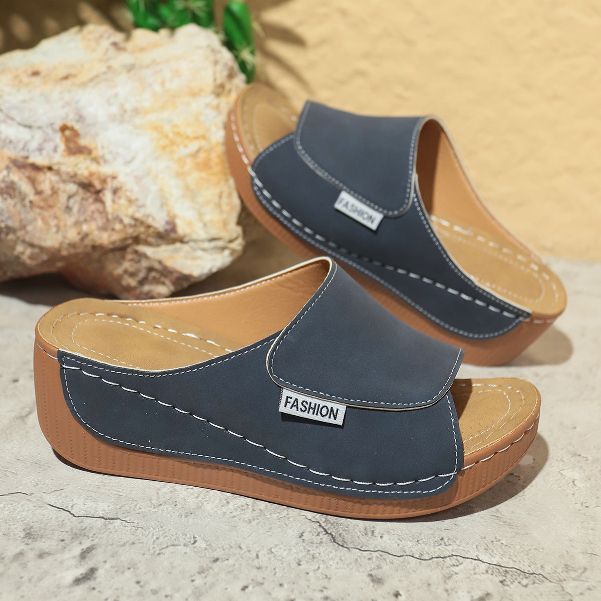 Summer Wedge Slides Slippers Fashion Fish Mouth Thick Bottom Roman Shoes Solid Color Beach Sandals for Women