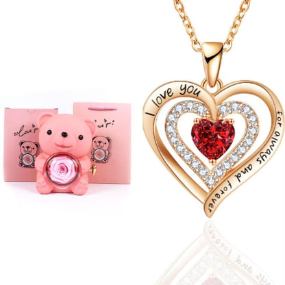 Eternal Rose Teddy Bear Gifts Box with Necklace Rotate Rose Jewelry Box Valentine Wedding Storage Gift Case for Women Girlfriend