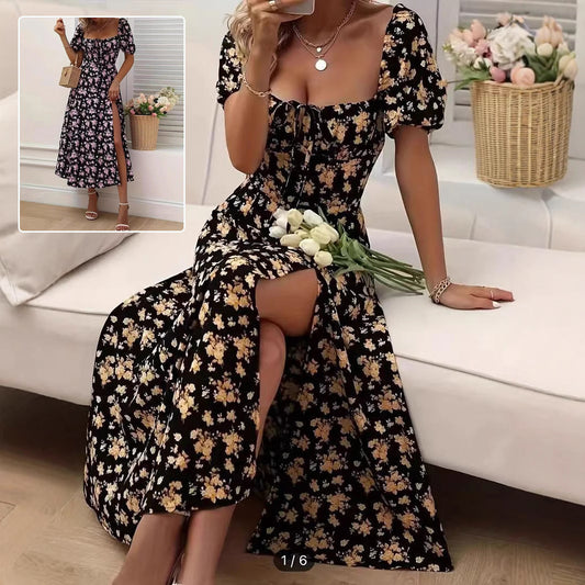Floral Print Short Sleeve Split Dress For Summer