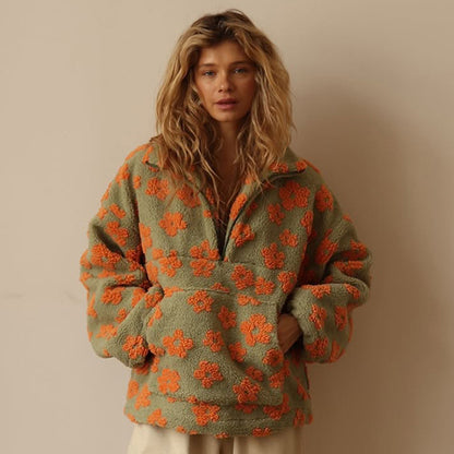 Winter Flowers Lambskin Sweatshirt with Big Pocket Casual Loose Zip-up Lapel Pullover Top Women's Clothing