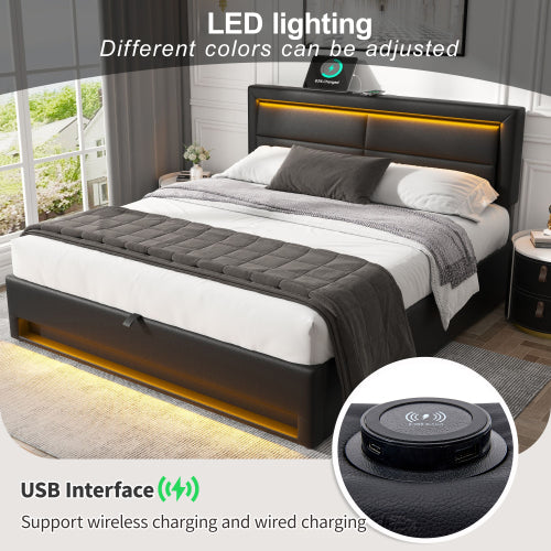 Upholstered Bed 135 X 190 McDougle Bed-4ft6, with USB Port Supports Wireless and Wired Charging, With LED Lighting and Storage Space, Without Mattress, PU-Lychee Design, Black