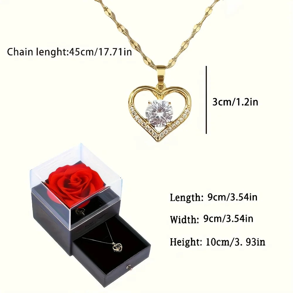 Luxury Zircon Necklace With Preserved Rose Flower Gift Box Jewelry Set For Mom Girlfriend Wife Birthday Christmas Romantic Gifts