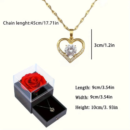 Luxury Zircon Necklace With Preserved Rose Flower Gift Box Jewelry Set For Mom Girlfriend Wife Birthday Christmas Romantic Gifts