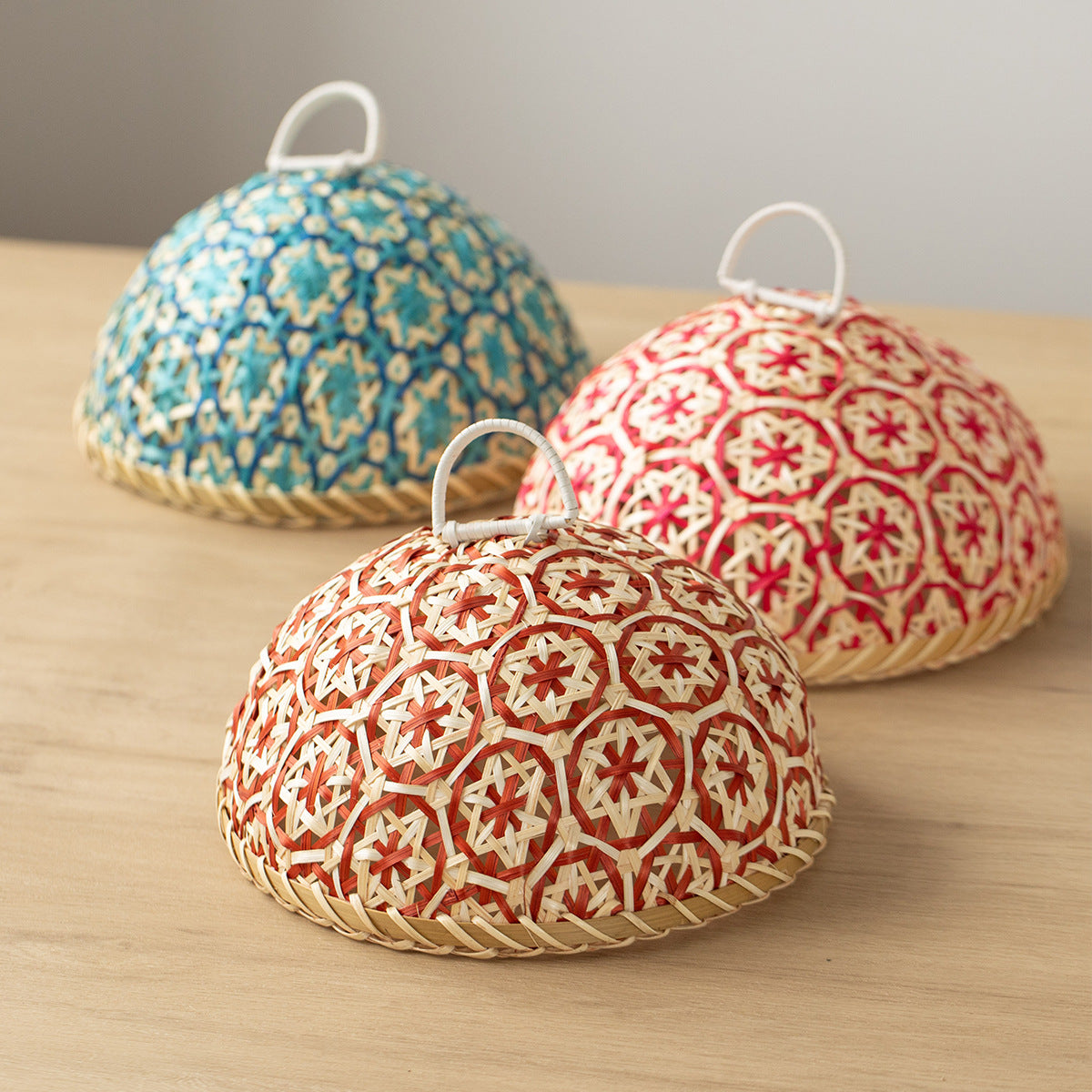 Handmade Rattan Woven Nanyang Style Fruit Plate Bread Basket Round With Lid Insect-proof Table Cover Fruit Leftovers Umbrella