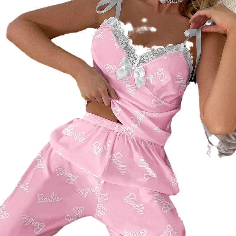 Women's Summer Casual Camisole Pajama Two-Piece Set With Lace, Can Be Worn Outside, Home Wear