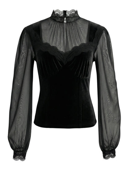 Elegant Mesh Patchwork Hollow-Out Bell Sleeve Tie-Waist Top