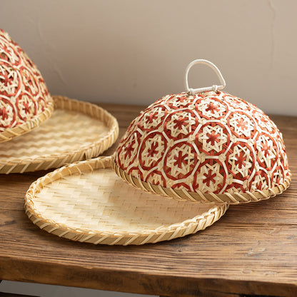 Handmade Rattan Woven Nanyang Style Fruit Plate Bread Basket Round With Lid Insect-proof Table Cover Fruit Leftovers Umbrella