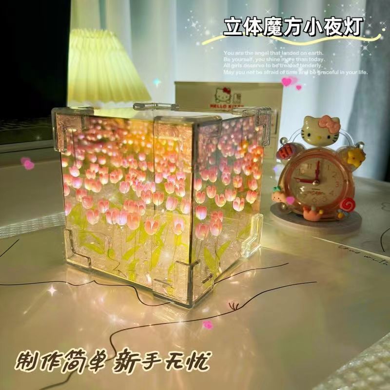 Handmade Diy Flower Sea Cube Tulip Three-dimensional Night Light Material Package