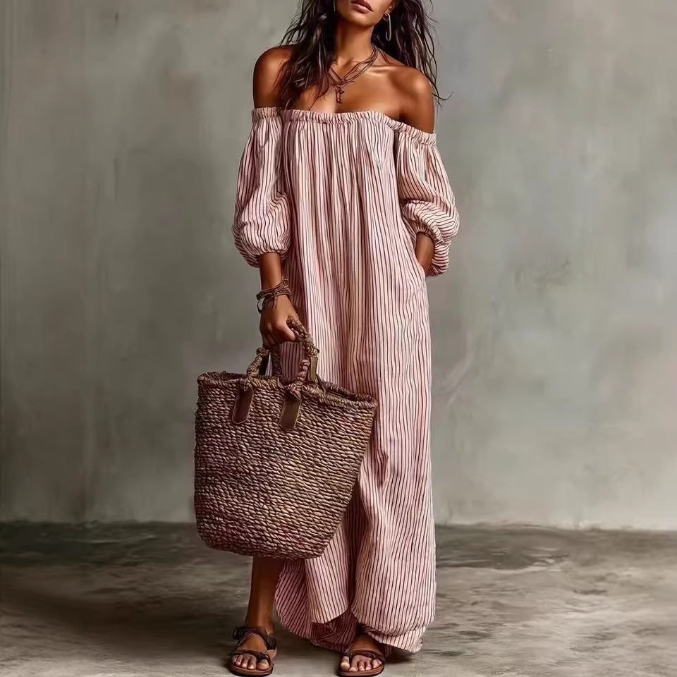 Spring And Summer Women's Striped Off-Shoulder Long Dress