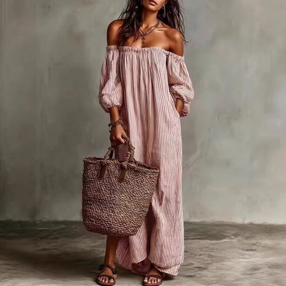 Spring And Summer Women's Striped Off-Shoulder Long Dress