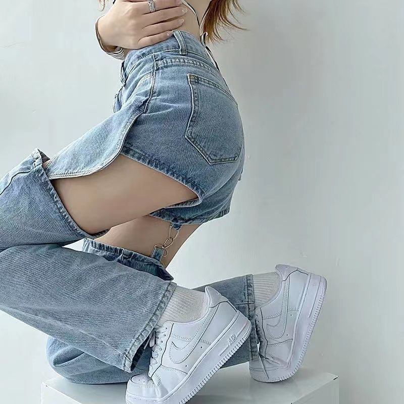 Fake Two-piece Ripped Jeans Women's High Waist Straight Detachable Hot Girl Pants Niche Design Summer Thin
