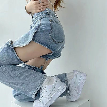 Fake Two-piece Ripped Jeans Women's High Waist Straight Detachable Hot Girl Pants Niche Design Summer Thin