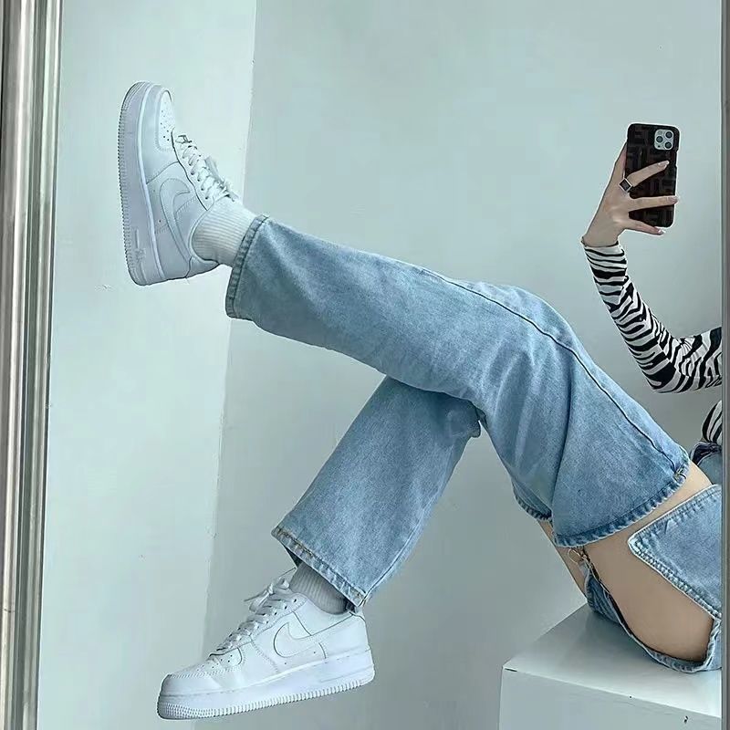 Fake Two-piece Ripped Jeans Women's High Waist Straight Detachable Hot Girl Pants Niche Design Summer Thin