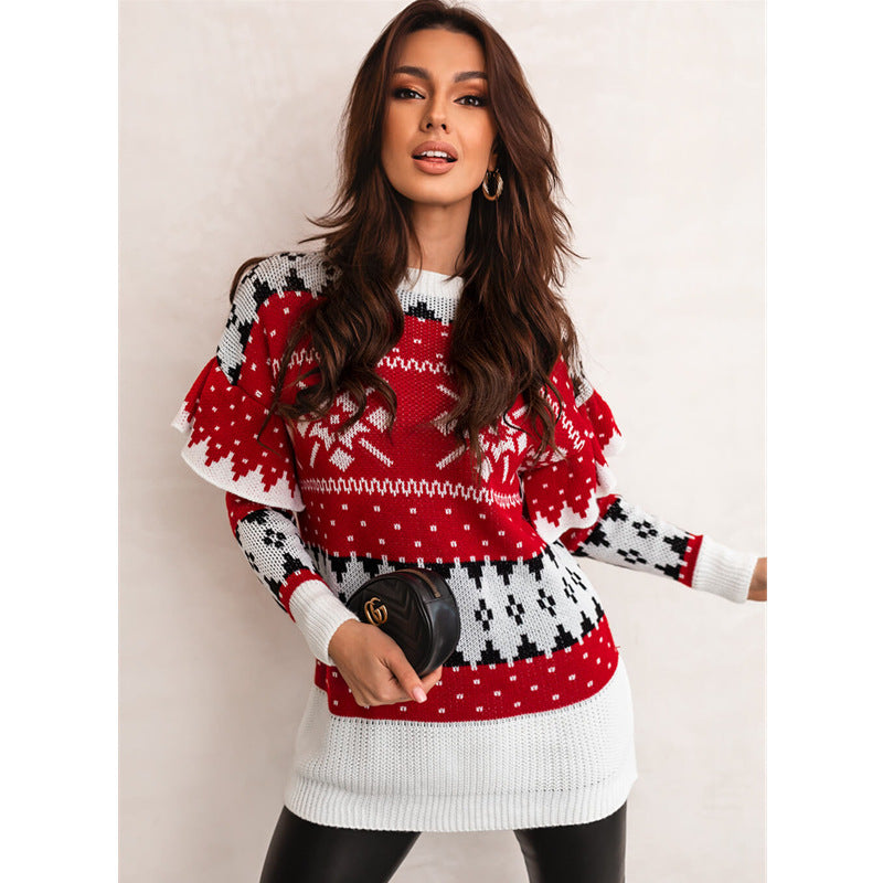 Christmas Women&#039;s Clothing Christmas Jacquard Loose Round Neck Petal Sleeve Ladies Sweater