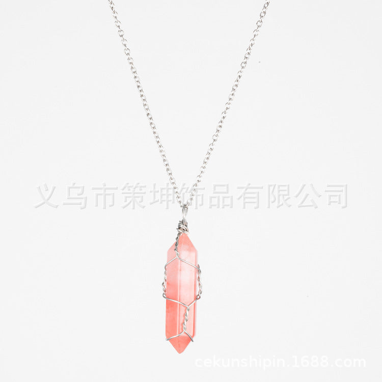 Crystal Stone Hand-wound Necklace Crystal Best-selling Pendant European And American Wire-wound Hexagonal Column Natural