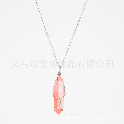 Crystal Stone Hand-wound Necklace Crystal Best-selling Pendant European And American Wire-wound Hexagonal Column Natural
