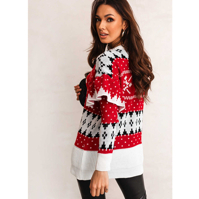 Christmas Women&#039;s Clothing Christmas Jacquard Loose Round Neck Petal Sleeve Ladies Sweater