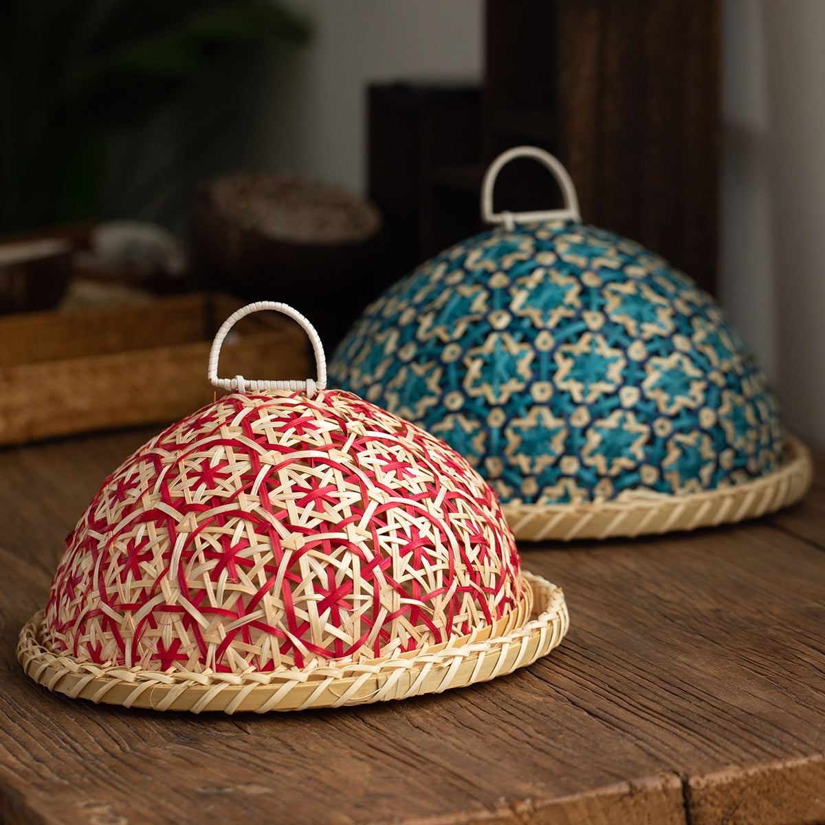 Handmade Rattan Woven Nanyang Style Fruit Plate Bread Basket Round With Lid Insect-proof Table Cover Fruit Leftovers Umbrella