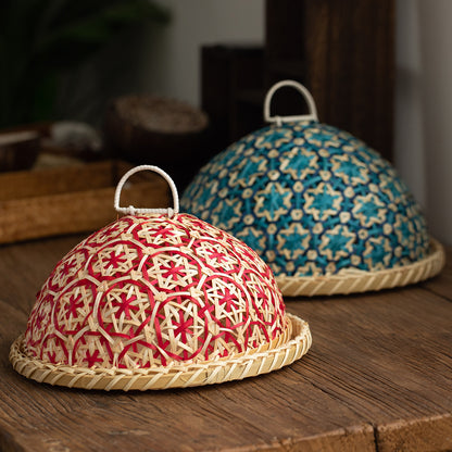 Handmade Rattan Woven Nanyang Style Fruit Plate Bread Basket Round With Lid Insect-proof Table Cover Fruit Leftovers Umbrella