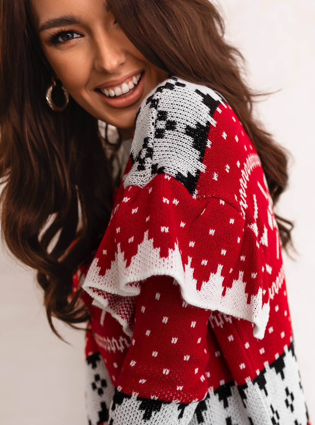 Christmas Women&#039;s Clothing Christmas Jacquard Loose Round Neck Petal Sleeve Ladies Sweater