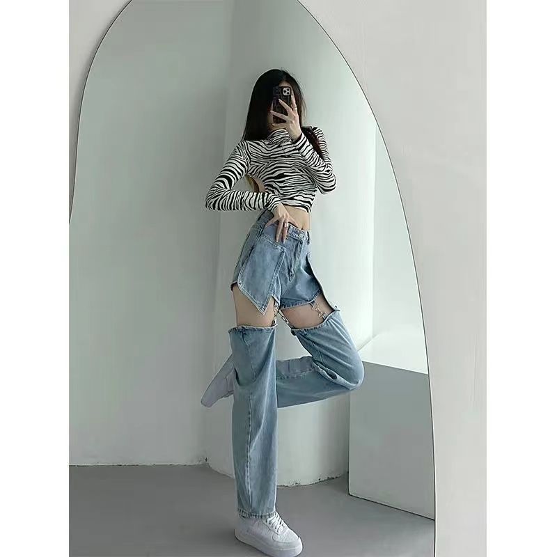 Fake Two-piece Ripped Jeans Women's High Waist Straight Detachable Hot Girl Pants Niche Design Summer Thin