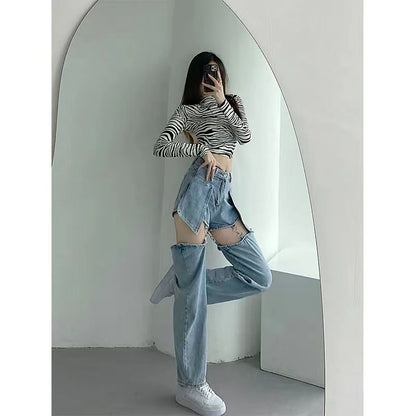 Fake Two-piece Ripped Jeans Women's High Waist Straight Detachable Hot Girl Pants Niche Design Summer Thin