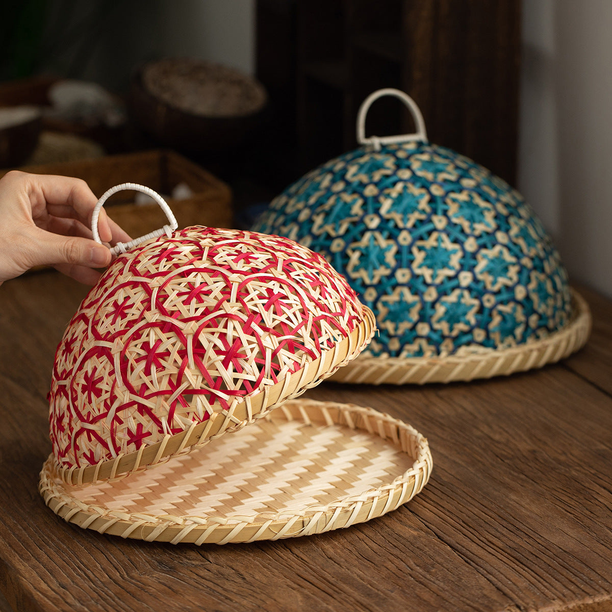 Handmade Rattan Woven Nanyang Style Fruit Plate Bread Basket Round With Lid Insect-proof Table Cover Fruit Leftovers Umbrella