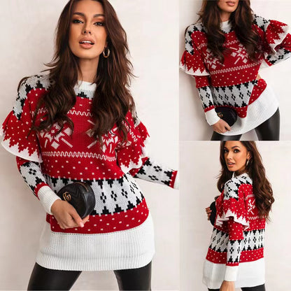 Christmas Women&#039;s Clothing Christmas Jacquard Loose Round Neck Petal Sleeve Ladies Sweater