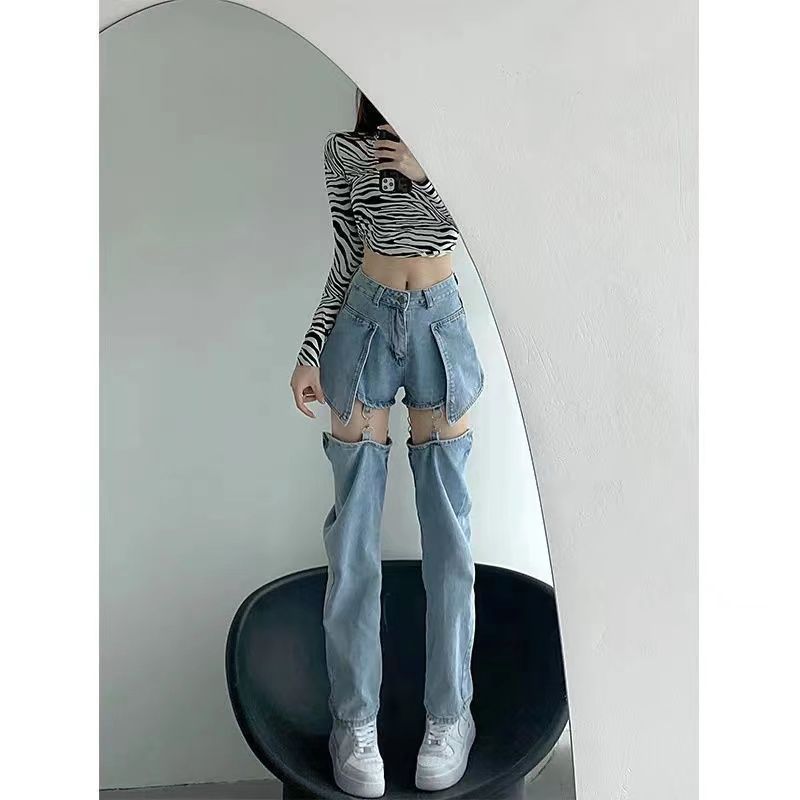 Fake Two-piece Ripped Jeans Women's High Waist Straight Detachable Hot Girl Pants Niche Design Summer Thin