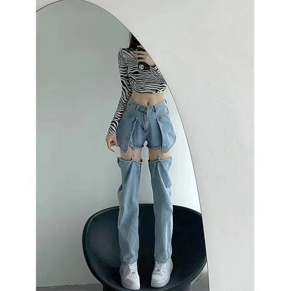 Fake Two-piece Ripped Jeans Women's High Waist Straight Detachable Hot Girl Pants Niche Design Summer Thin