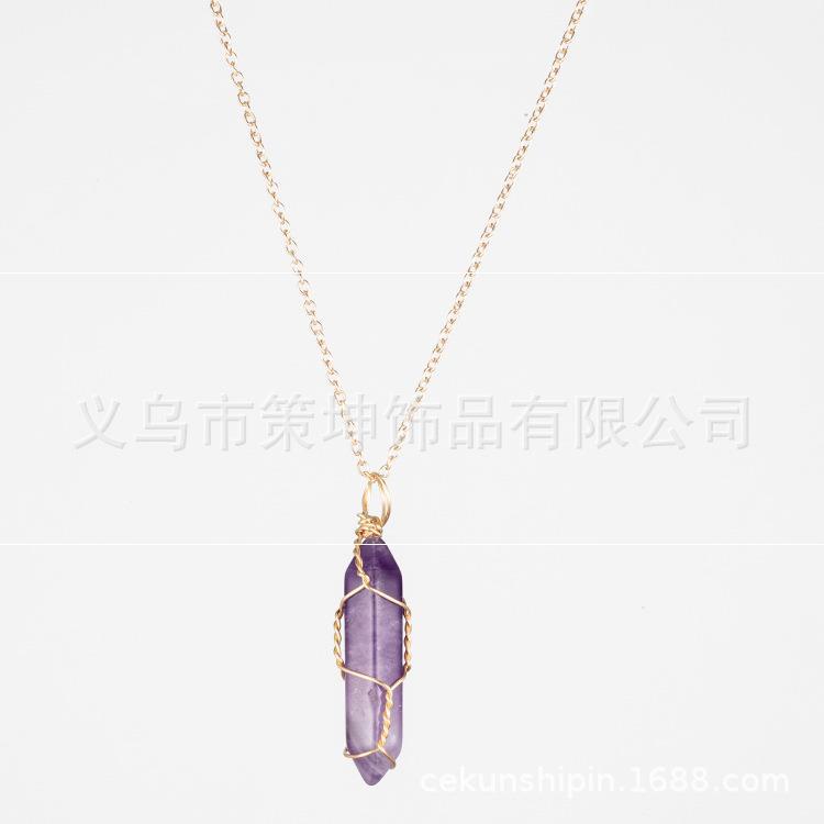 Crystal Stone Hand-wound Necklace Crystal Best-selling Pendant European And American Wire-wound Hexagonal Column Natural