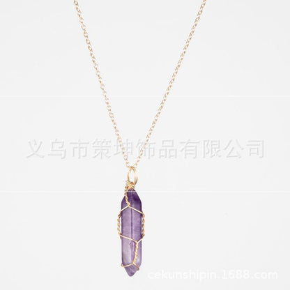 Crystal Stone Hand-wound Necklace Crystal Best-selling Pendant European And American Wire-wound Hexagonal Column Natural