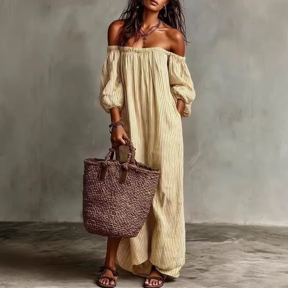 Spring And Summer Women's Striped Off-Shoulder Long Dress