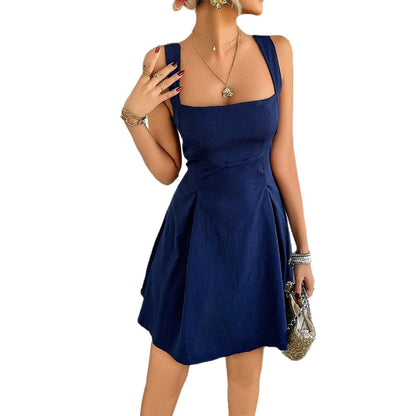 New Solid Color Dress European And American Elegant Style Foreign Trade Spaghetti Strap Short Dress Women's Holiday Style