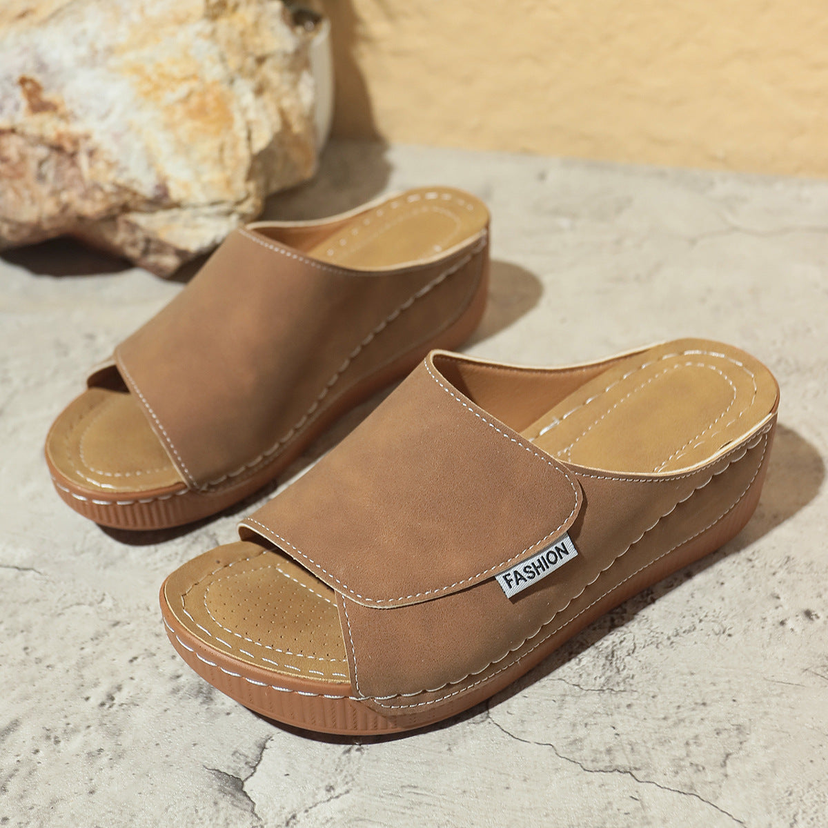 Summer Wedge Slides Slippers Fashion Fish Mouth Thick Bottom Roman Shoes Solid Color Beach Sandals for Women