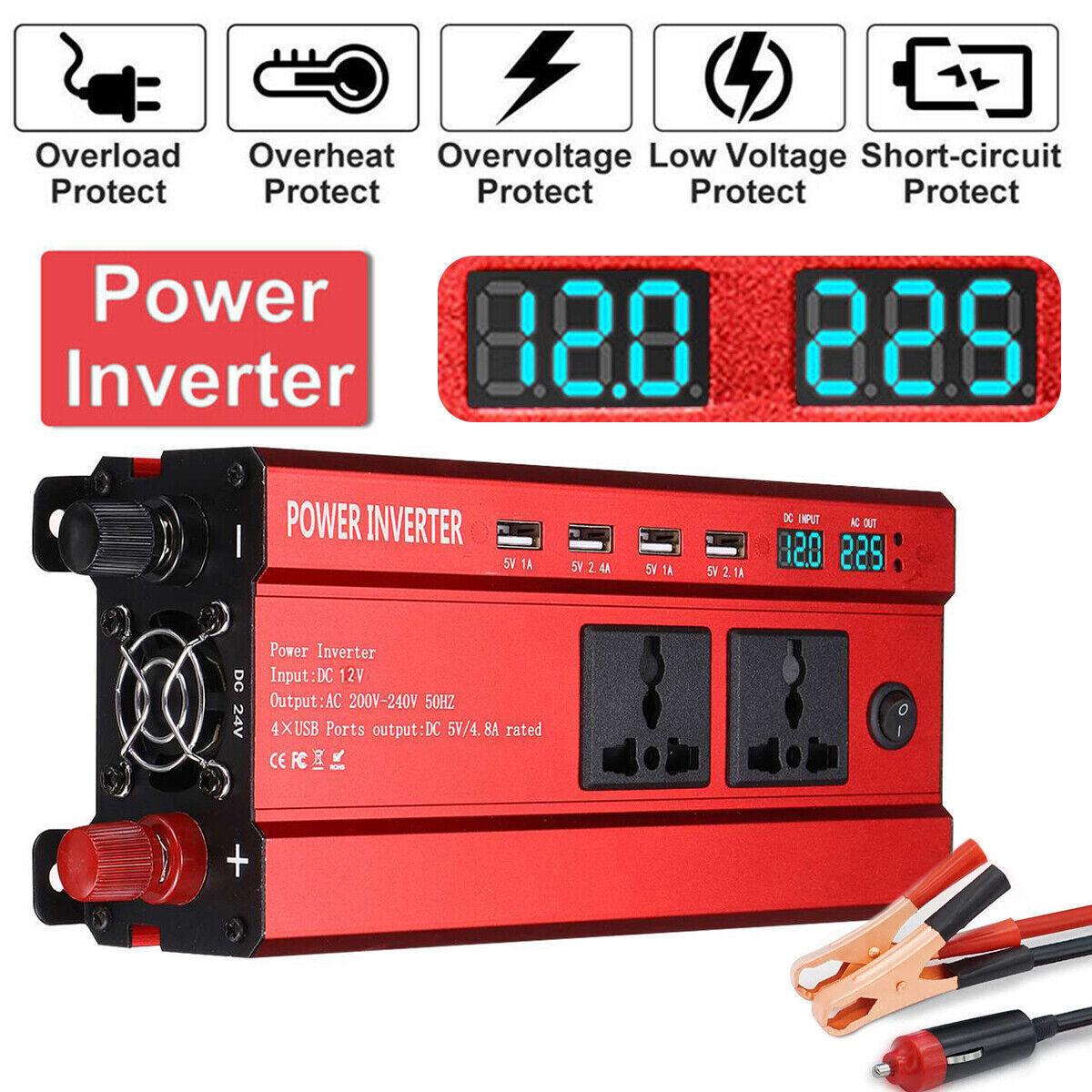 6000W Car Power Inverter Converter DC 12V To AC 240V 4 USB 2 UK Socket Sine Wave