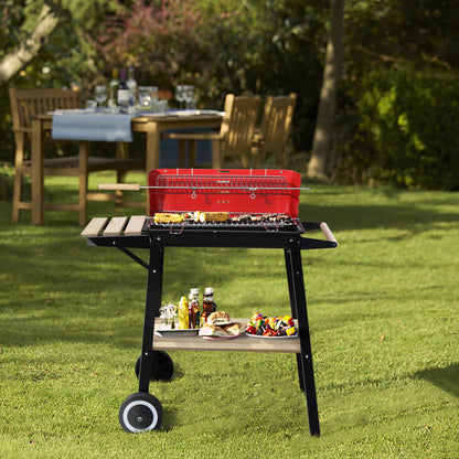 85X42X86cm Black And Red Four Legged Wheeled Square Enamel Carbon Oven