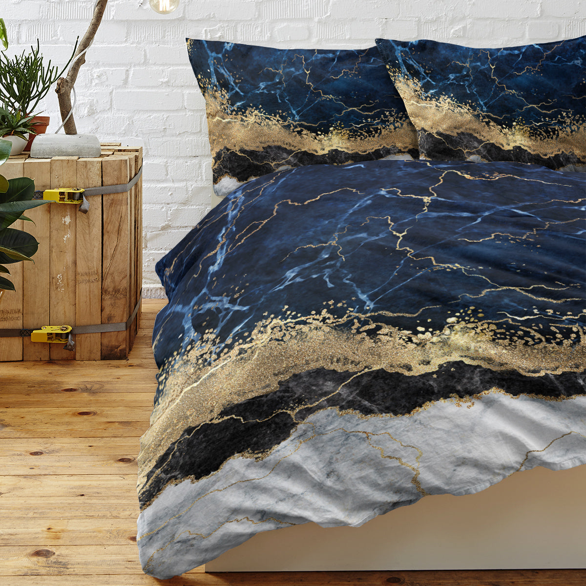 Navy Blue Duvet Cover Set Trendy Printed Design Bed Quilt Cover Set King 1 Duvet Cover 2 Pillowcases