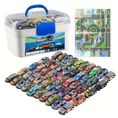 A 50-piece Alloy Toy Car Set with a Storage Box and A Foldable Play Mat