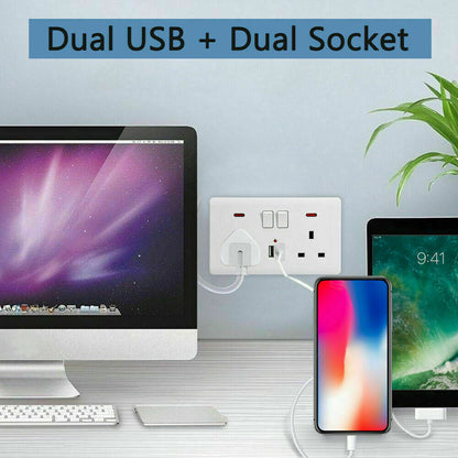 Double Wall Plug Socket 2 Gang 13A W 2 Charger USB Outlets Flat Plate UK