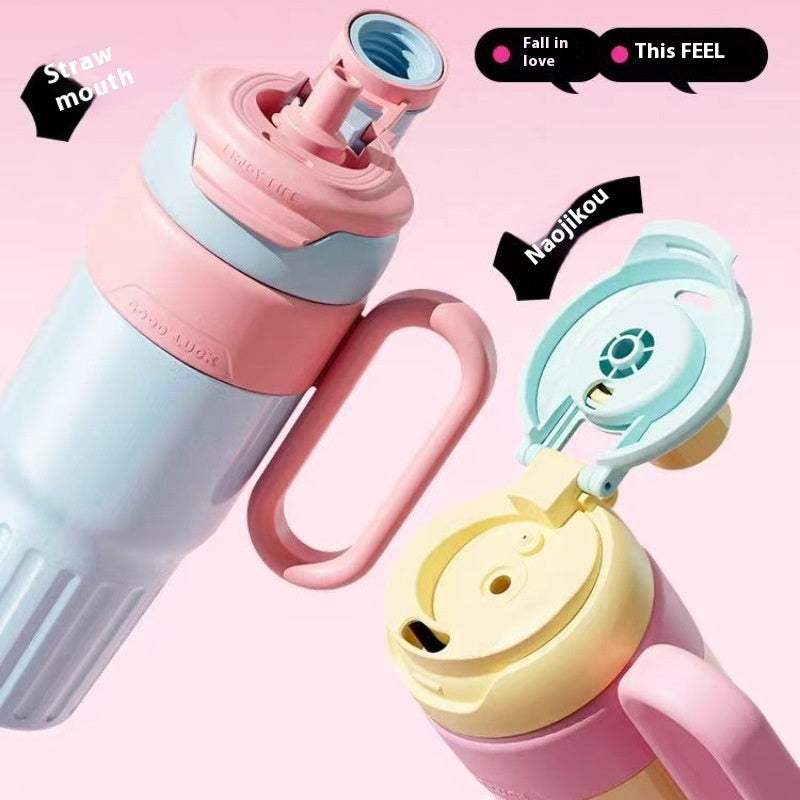 Stainless Steel With Lid Coffee Cup Thermos Large Capacity Straw Cup For Male And Female