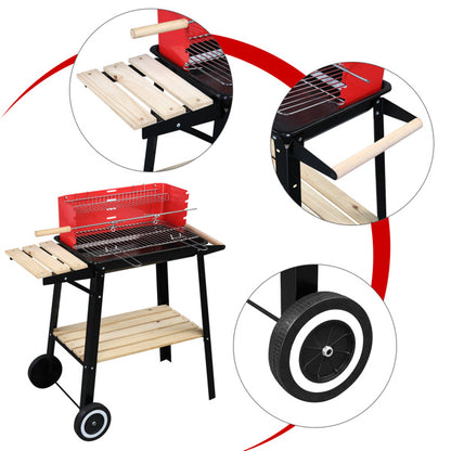 85X42X86cm Black And Red Four Legged Wheeled Square Enamel Carbon Oven