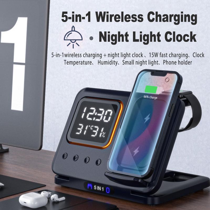 15W Wireless Chargers Stand 5 In1 LED Digital Alarm Clock Fast Charging