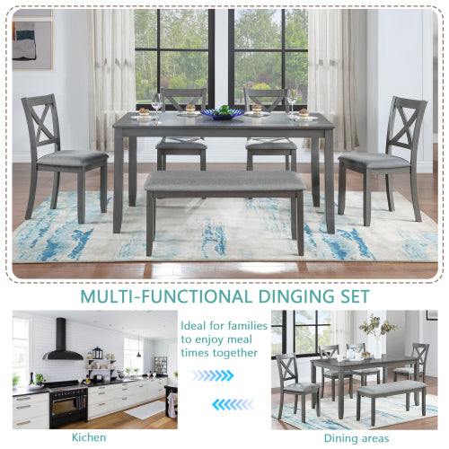6 Piece Kitchen Dining Set, Rectangular Wooden Dining Table With 4 Upholstered Chairs