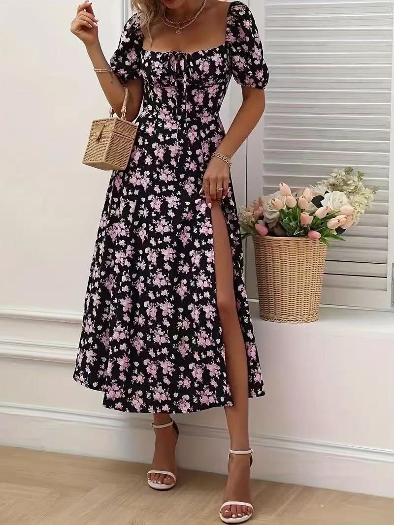 Floral Print Short Sleeve Split Dress For Summer